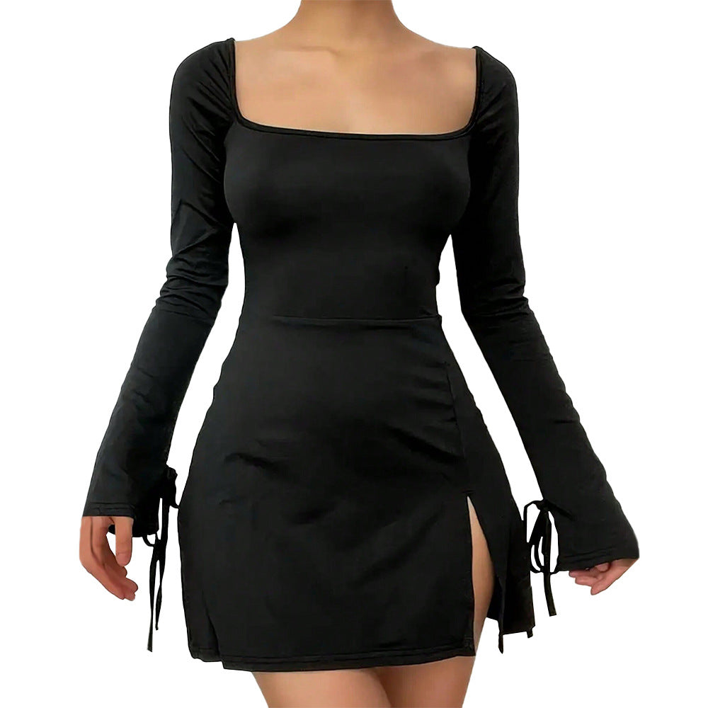 Amazon cross-border fashionable european and american style square neck red dress - spring/summer high-waisted versatile a-line slit mini dress for women
