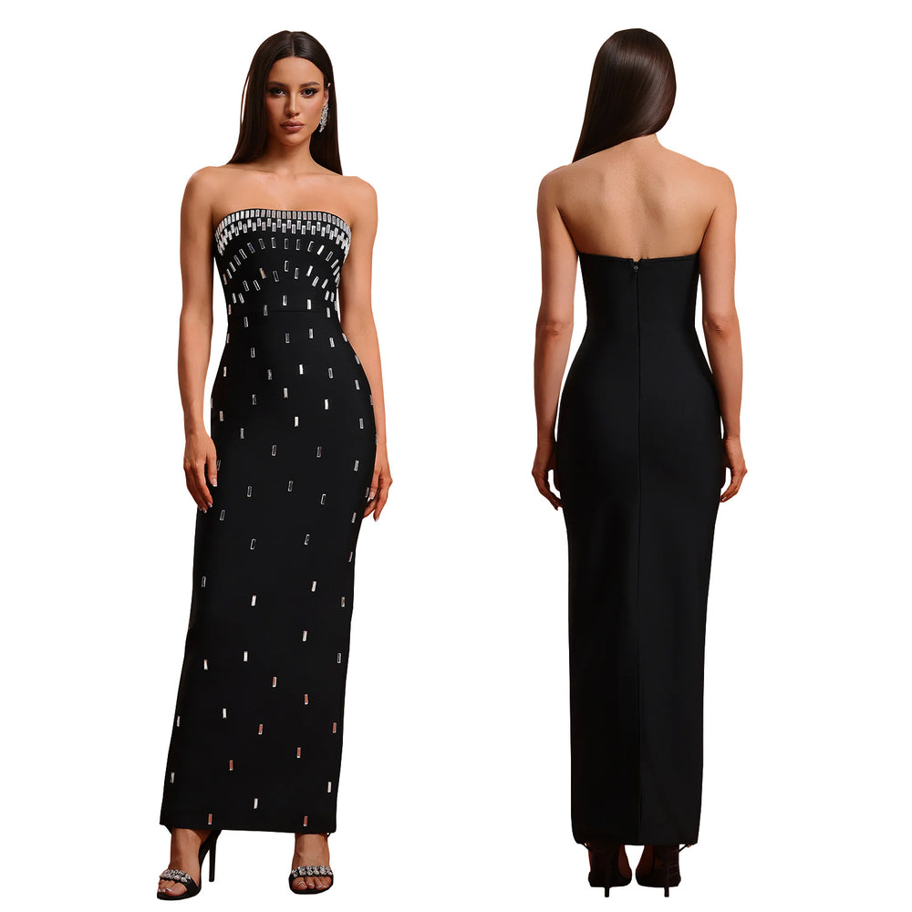 C7503 cross-border   fashion women's sexy bandeau high-end rhinestone backless dress