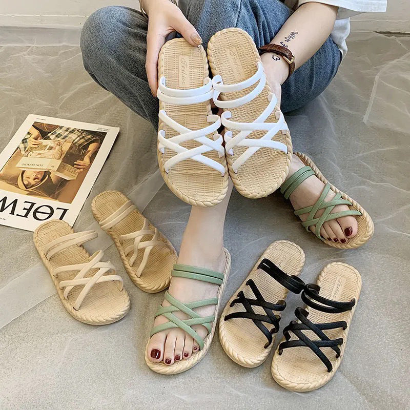 Women's slippers for outdoor wear, 2024 summer new korean style, trendy roman fairy flat sandals, student-style one-strap slides
