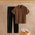 Men's summer linen-feel suit set: short-sleeve polo shirt + casual pants, versatile business two-piece outfit