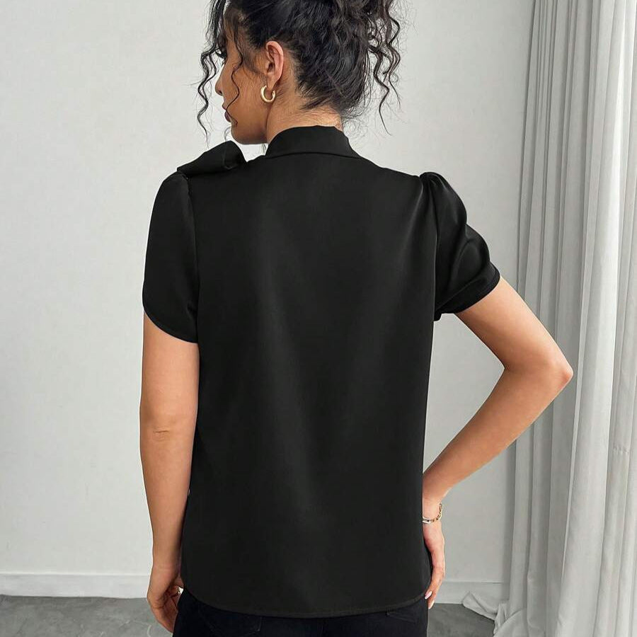 Women's casual solid color tie-waist bow flare sleeve blouse, spring/summer european and american style slim fit top