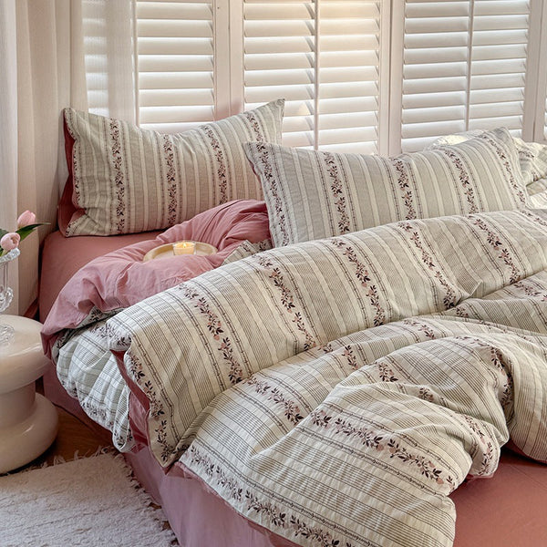 Retro style pure cotton jacquard cotton washed cotton four-piece set Korean girl heart bed sheet quilt cover bedding wholesale