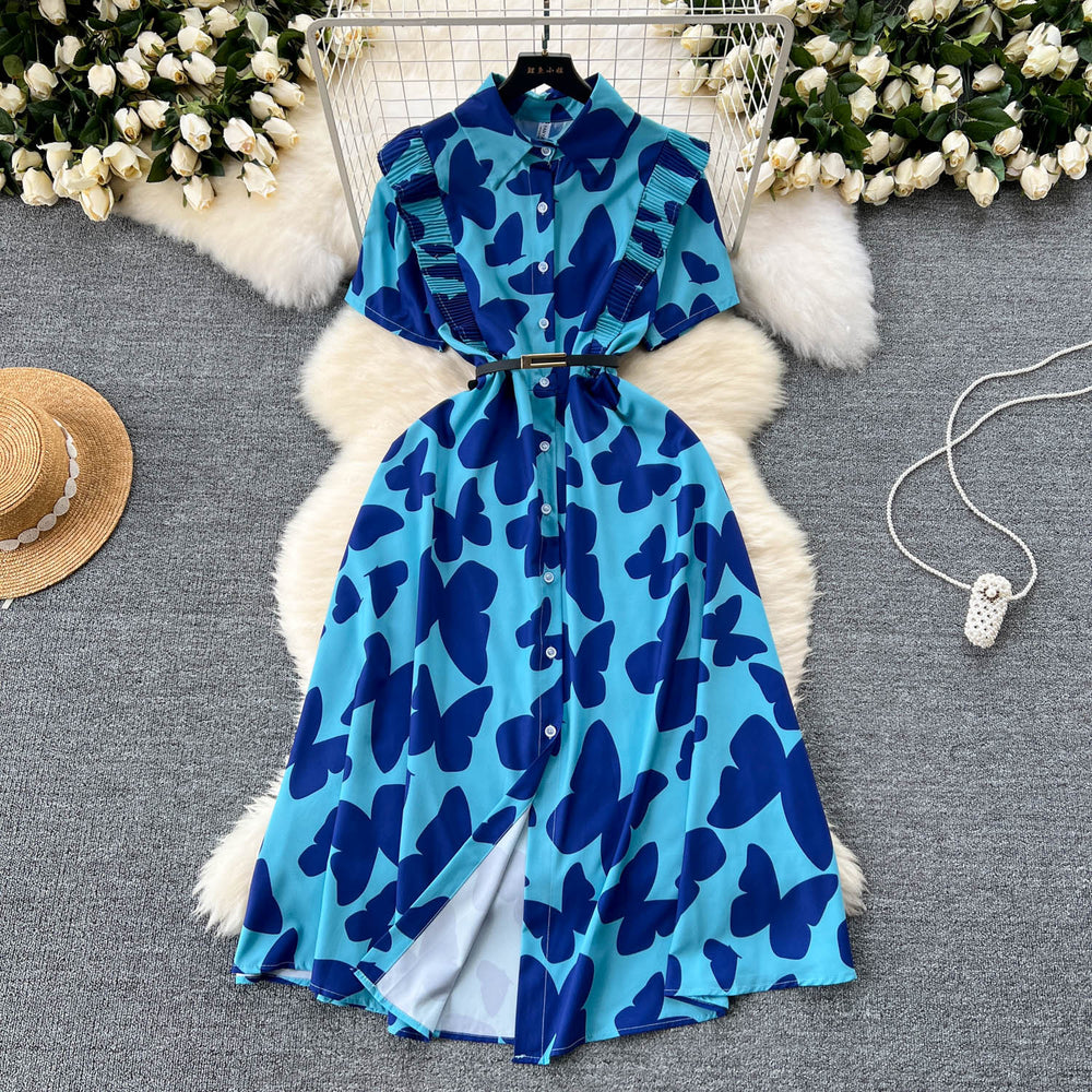 Sophisticated niche women's dress -  summer new arrival: designer ruffle-trimmed, cinched-waist, printed elegant maxi dress