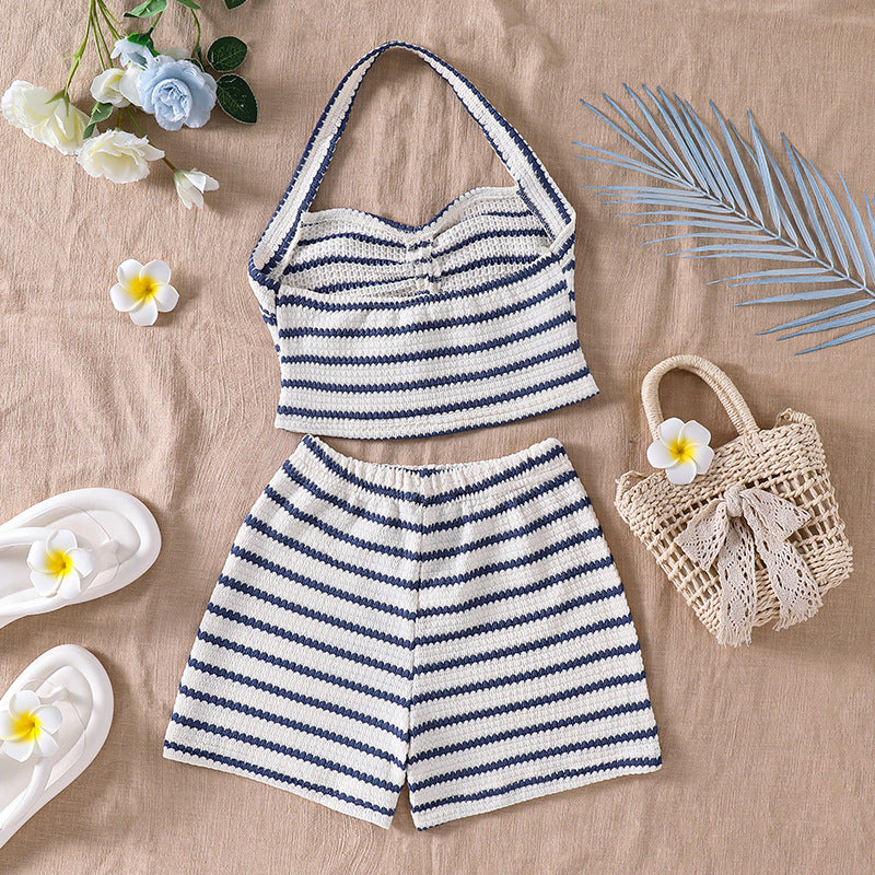 hot-selling girls' outfit,  spring/summer european and american new style, fashionable striped halterneck tube top and high-waisted shorts set