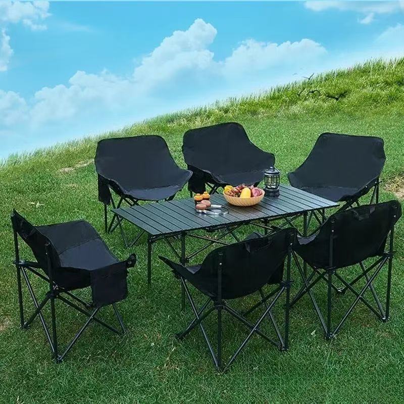 Complete outdoor folding table and chair set - camping table and chairs, roll-up table, portable moon chair, bbq table, picnic set