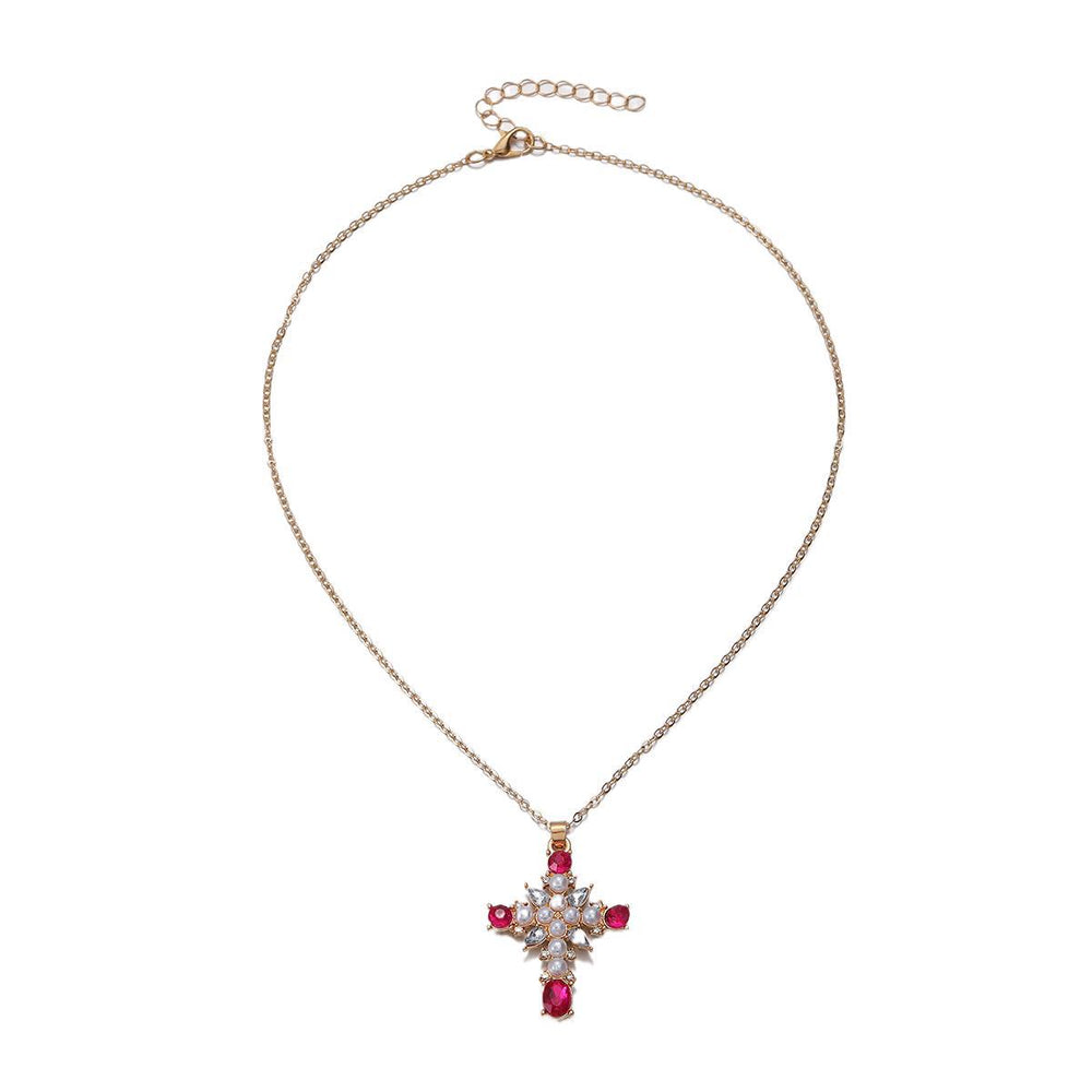 European and american cross-border jewelry: fashionable and sweet cross pendant necklace, light luxury high-end red diamond-encrusted choker