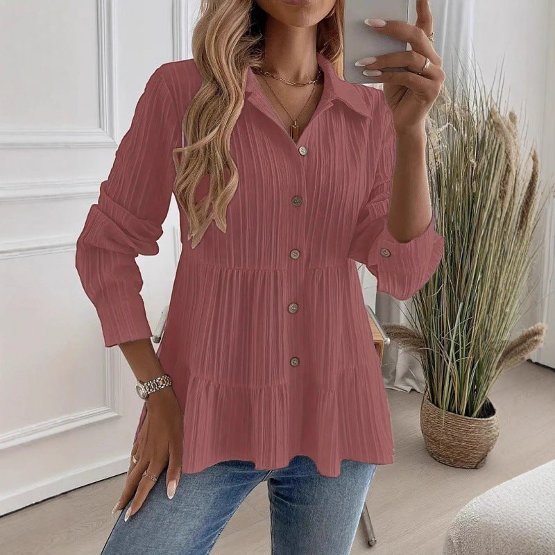 Shipped: new solid color casual textured long-sleeve button-down shirt for us & european cross-border e-commerce ()