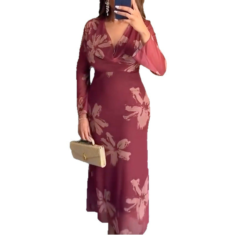 European and american cross-border women's fashion:  spring new arrival - chic and elegant scalloped neck slim-fit bodycon printed long sleeve dress