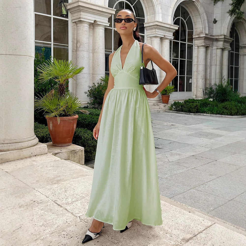 Export cross-border  summernew arrival women's pure colorv neckelegantbacklesstie back waist large swing dress for women