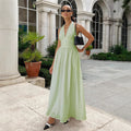 Export cross-border  summernew arrival women's pure colorv neckelegantbacklesstie back waist large swing dress for women