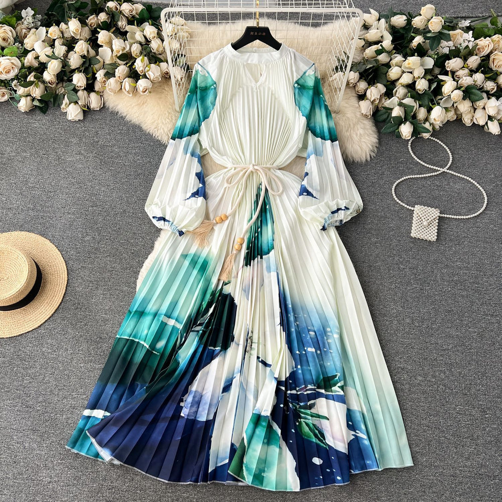 Elegant and chic printed dress for women - summer bubble sleeve tie-waist design, unique and flowy fairy dress