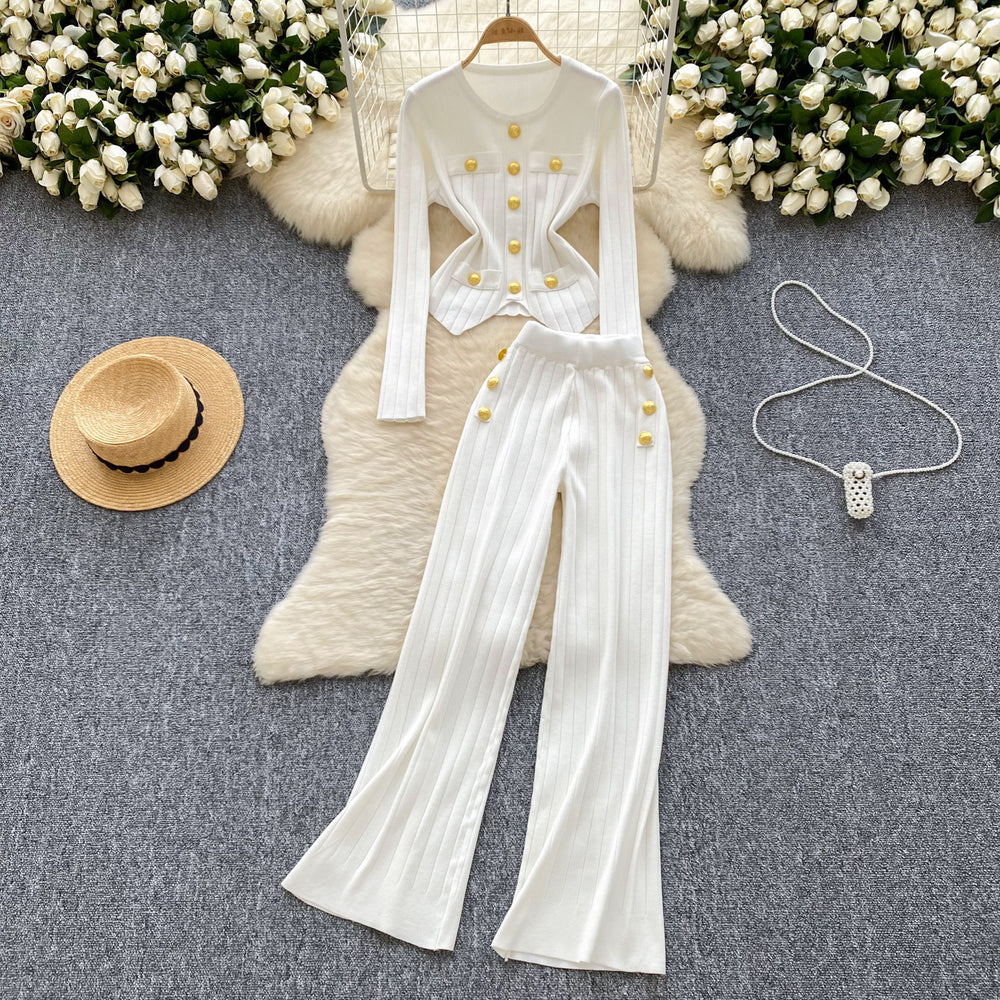 Classy small fragrant metal buckle round neck silmeasiest for matchlong sleevesknitting shirt women's high waistcasual pantstwo-piece set