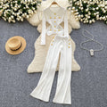Classy small fragrant metal buckle round neck silmeasiest for matchlong sleevesknitting shirt women's high waistcasual pantstwo-piece set