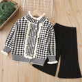 Girls' knitted sweater two-piece set,  autumn/winter new arrival, houndstooth pattern, little girl's cardigan and knit sweater outfit