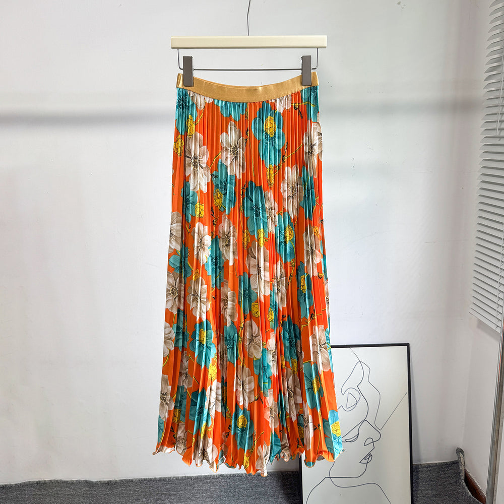 fashionretroprintingpleated elastic waist fashion skirt women's high waist a-line skirt work clothing long skirt summer