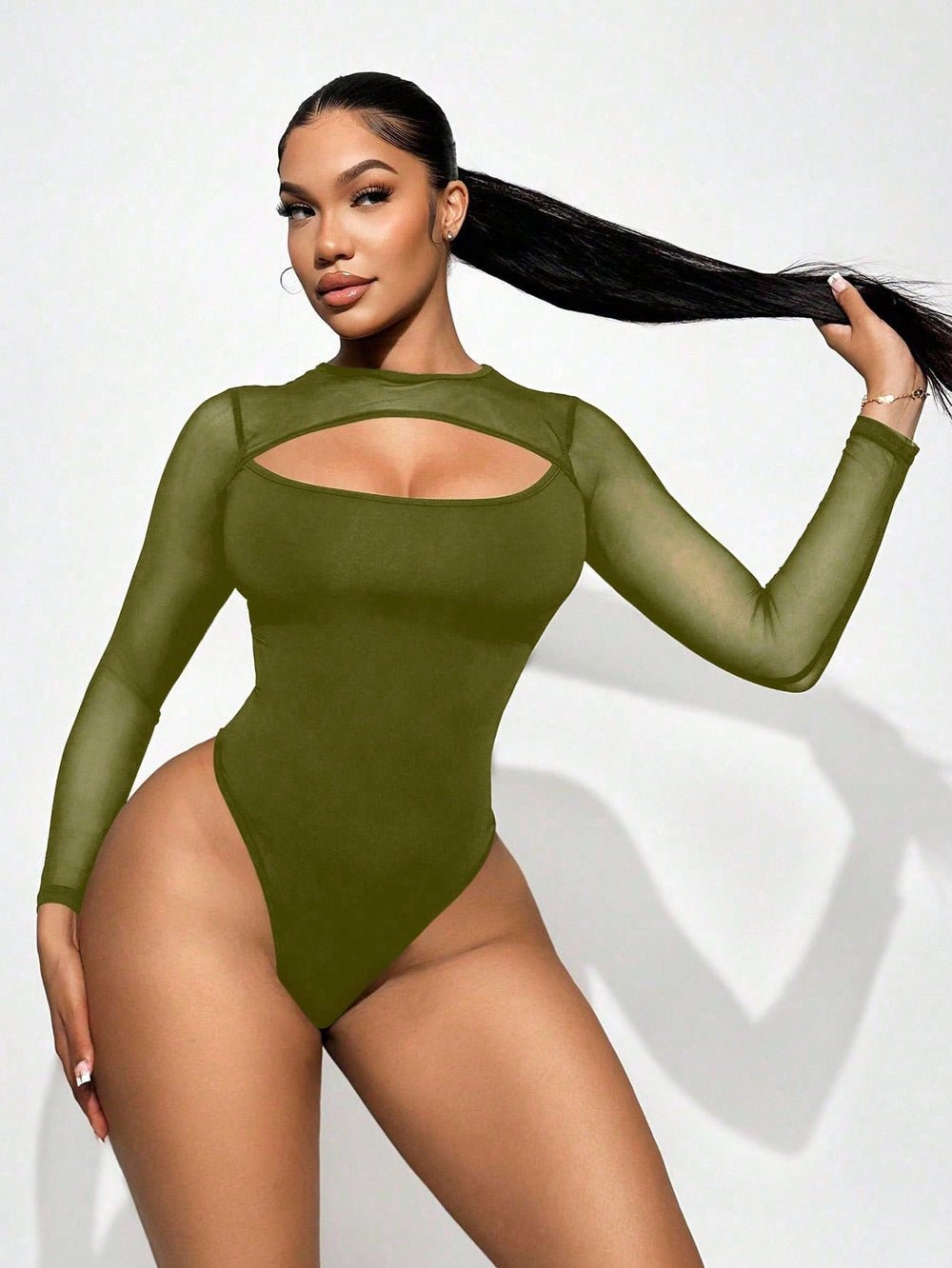 Amazon  autumn new european and american cross-border sexy mesh patchwork solid color bodysuit