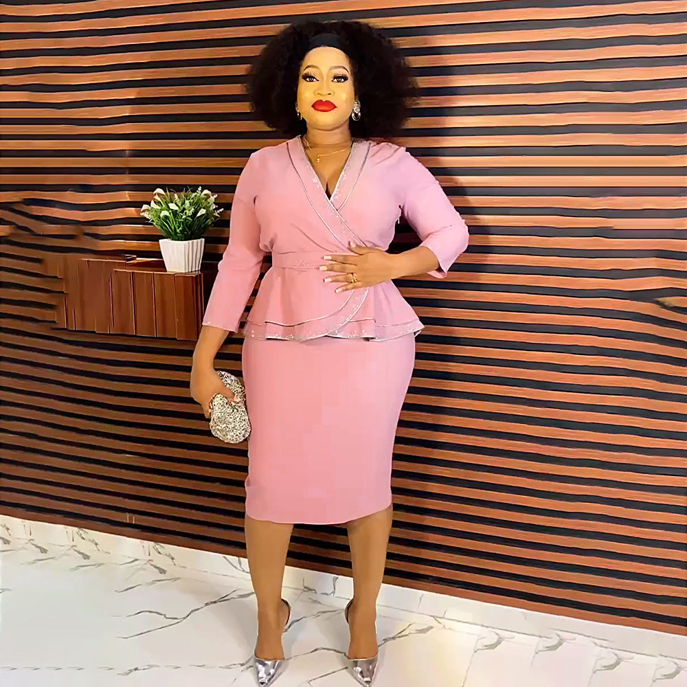 African women's plus size office lady commute chic rhinestone embellished tiktok  fashion professional style two-piece dress set