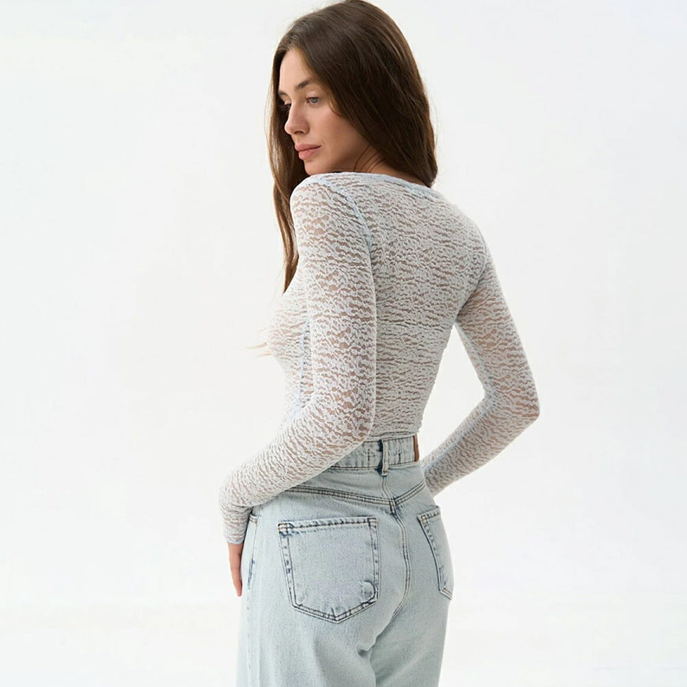 fall/winter european and american cross-border women's fashion new round neck sexy see-through long sleeve slim fit base layer top