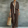 Exportplus size relaxation work clothing set retro gray linen shirt elastic waist side strips wide leg pants two-piece set