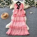 French sweet polka dot long sleeve tiered dress - women's autumn bow ruffle cake dress - unique designer style
