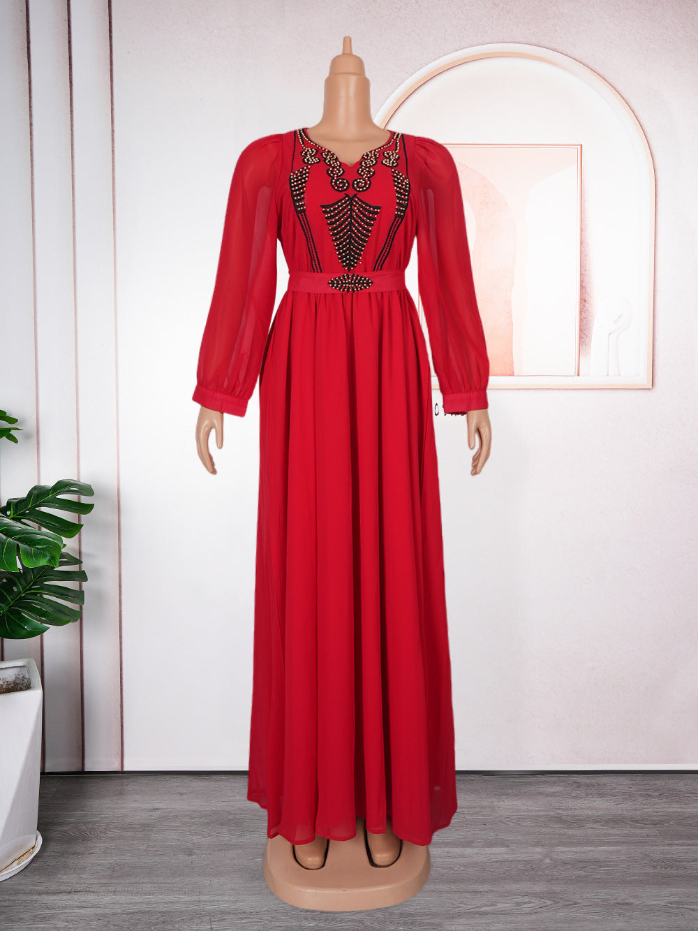 New long-sleeved african plus size women's dress - elegant & chic,  cross-border e-commerce, chiffon v-neck rhinestone embellished dress