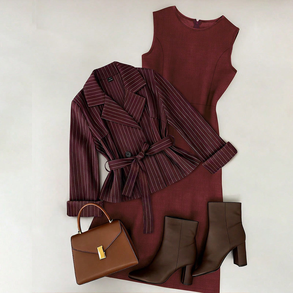 fashion  spring new women's two-piece set tie back suit + solid color skirt suit