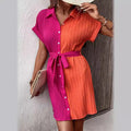 new european and american style women's blouse dress: color block batwing sleeve, tie waist, slimming and elegant