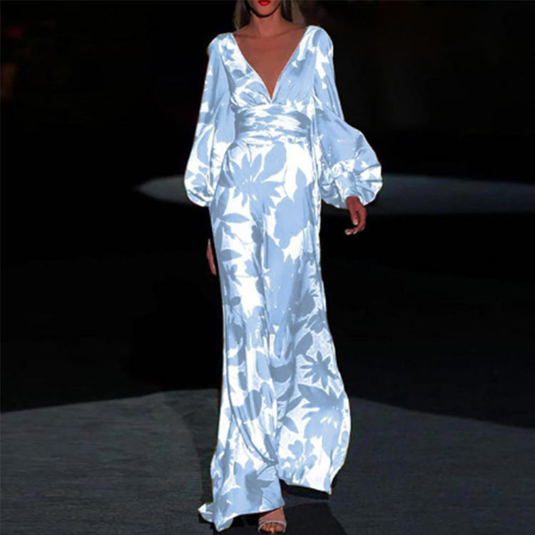 spring/summer new arrivals: european and american style fashionable printed dress - sexy v-neck, cinched waist, loose fit maxi dress