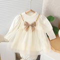 Girls' autumn dress - toddler & little girl hepburn style fashionable dress - little girl's puff sleeve bowknot mesh skirt