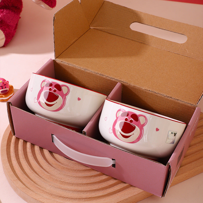 High-value ceramic bowl gift box tableware set, cute strawberry bear home eating bowl cartoon holiday souvenir