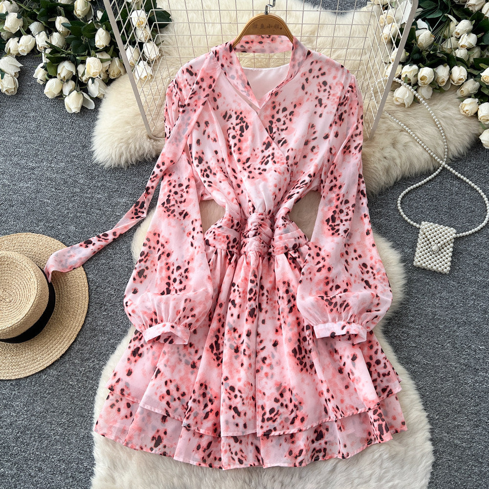 French retroelegancev neck ribbon long sleevesprintingdress women's waist slimming look a line skirt work clothing