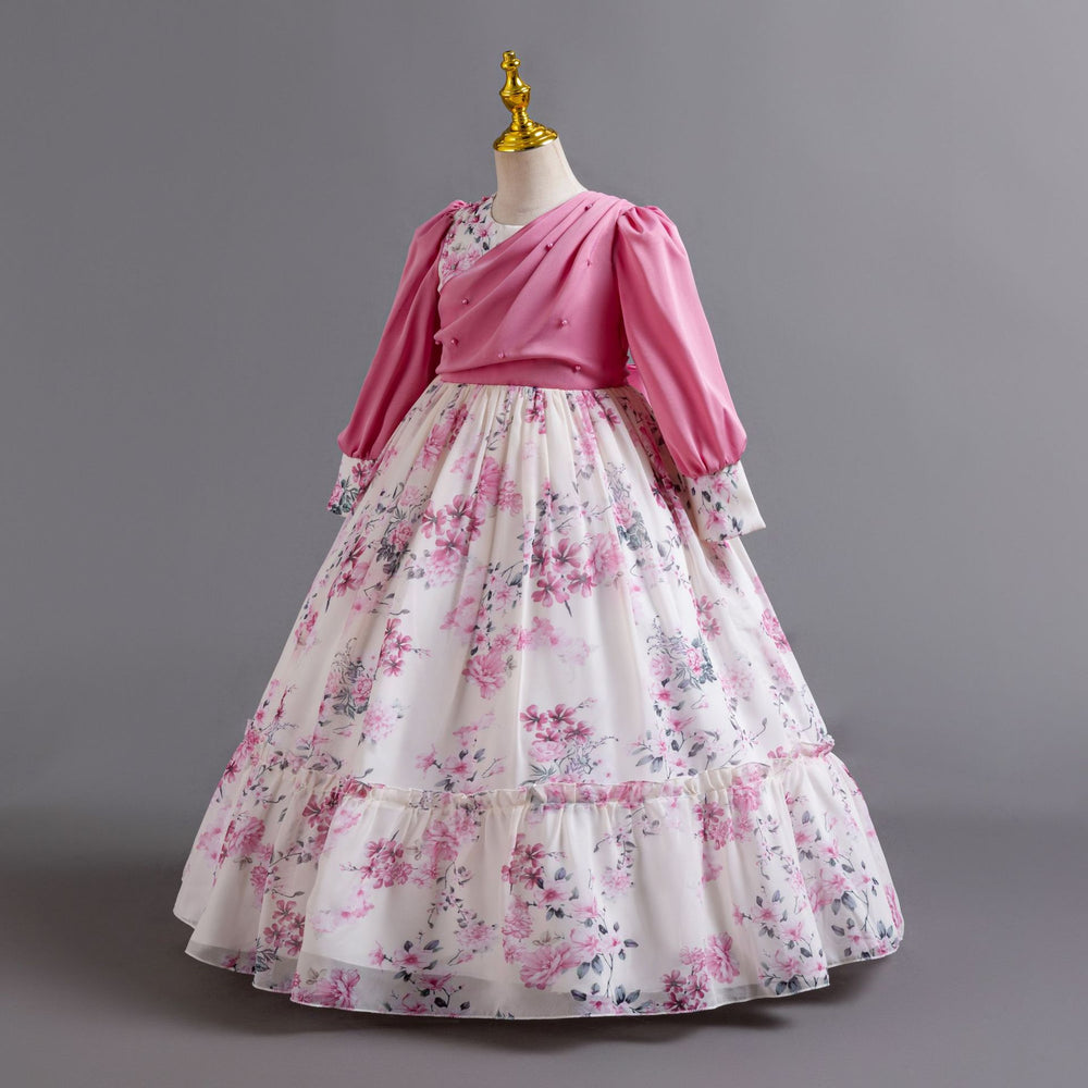New in stock girls floral evening dress chiffon long sleeves princess dress model catwalk dressgirl dress