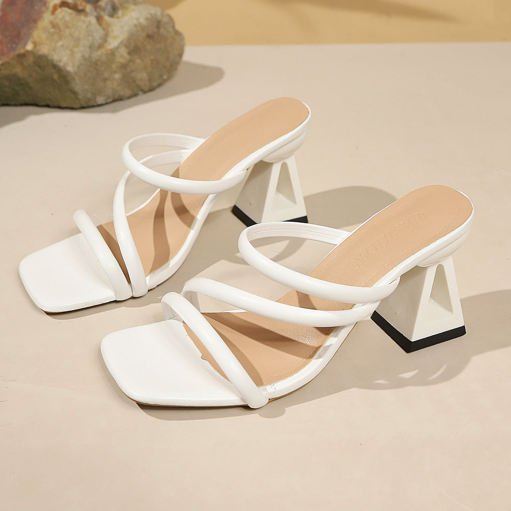 Export cross-border plus sizesummernew arrivalnormcoreelegant square toe thin strap kitten heel back hollow sandals women's two-wear slippers