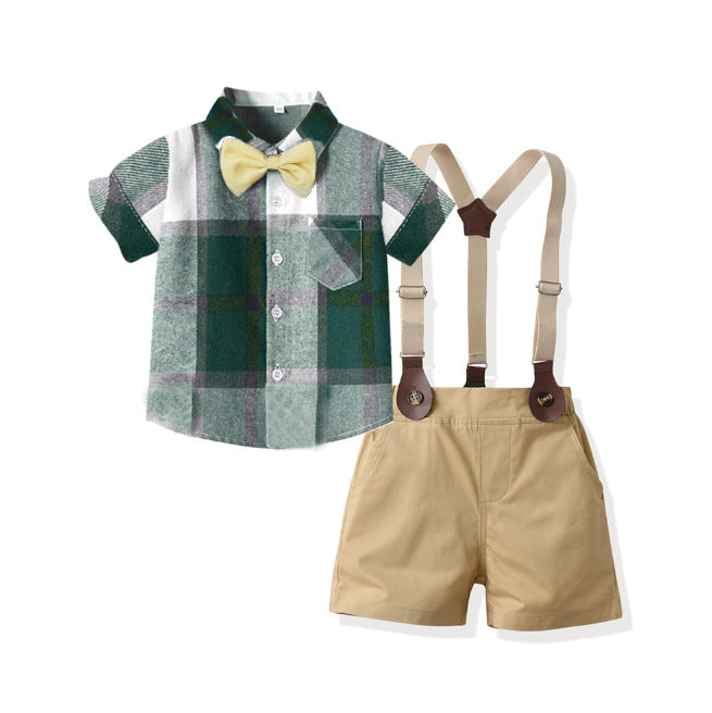 New british style boys' summer gentleman's first birthday outfit, kids' short-sleeve plaid shirt, boys' performance costume