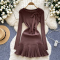 French chic knit dress - autumn/winter collection: bow accent, ruffle trim, unique design, elegant mini dress