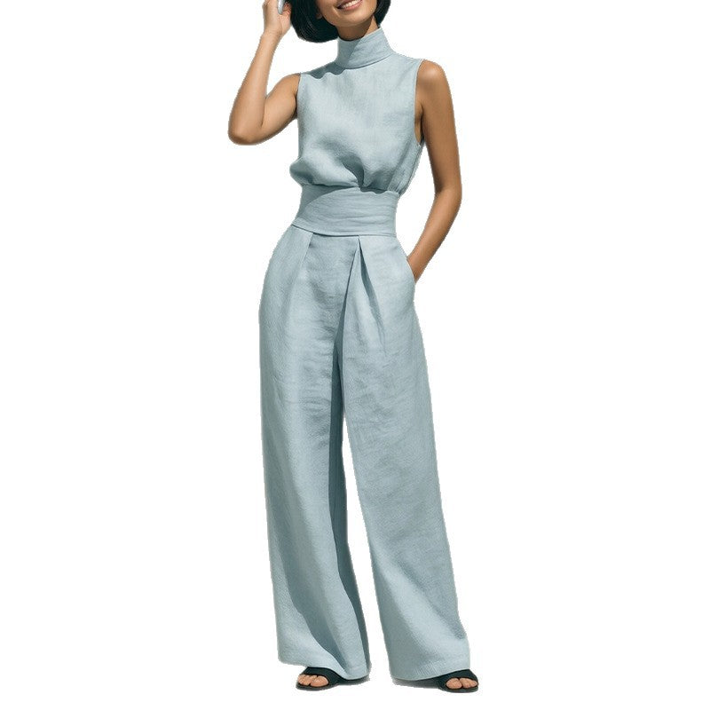 summer new women's clothing: cross-border european and american style, fashionable and elegant solid color high neck sleeveless straight-leg pants set