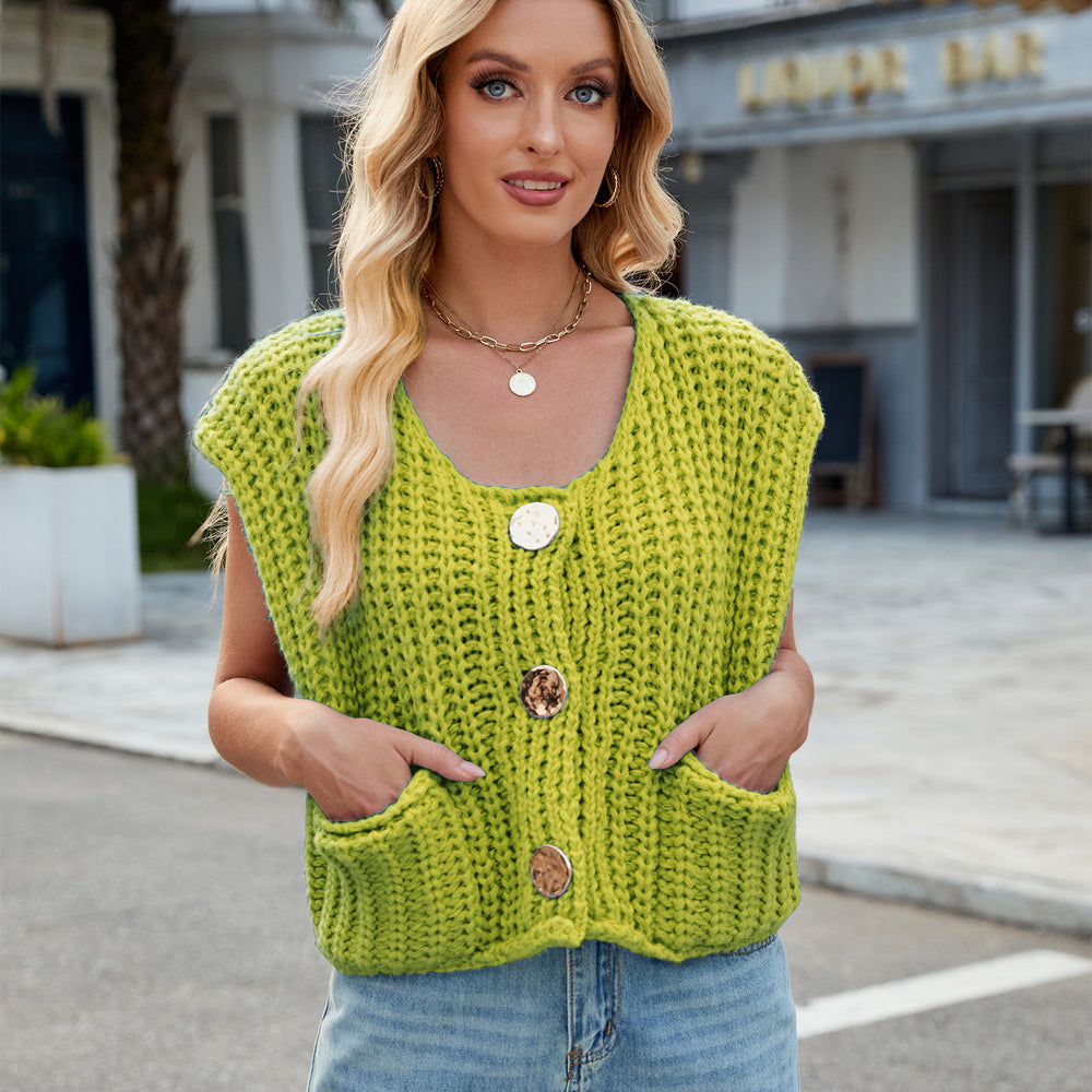 Fashion cross-border women's clothing  independent station new v-neck three-button sleeveless cardigan sweater vest