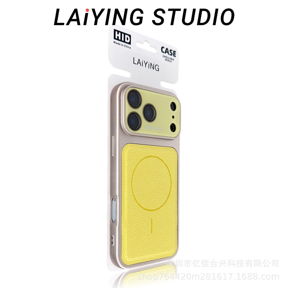 Crystal lens lychee grain magnetic apple 17 pro max phone case - cross-border iphone 11 drop-proof full coverage