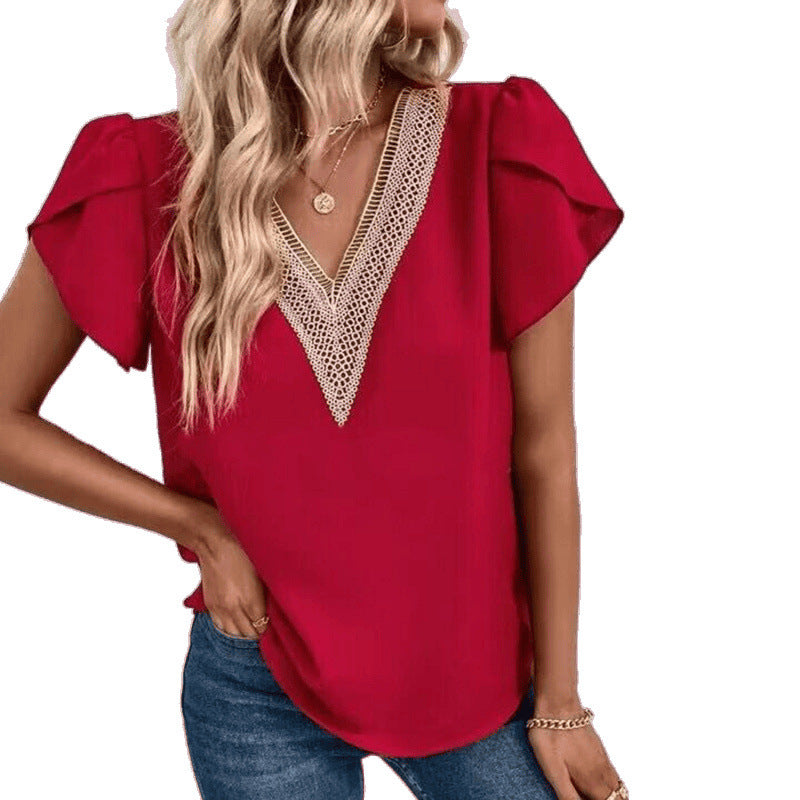european and american cross-border e-commerce: new summer v-neck petal sleeve short-sleeve solid color top for women