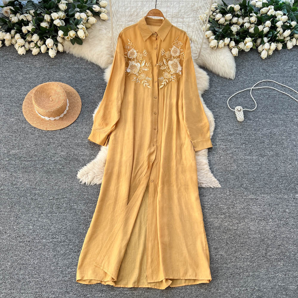 French retro 3d floral embroidered red a-line dress - women's autumn korean style long sleeve slimming elegant maxi dress