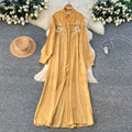 French retro 3d floral embroidered red a-line dress - women's autumn korean style long sleeve slimming elegant maxi dress