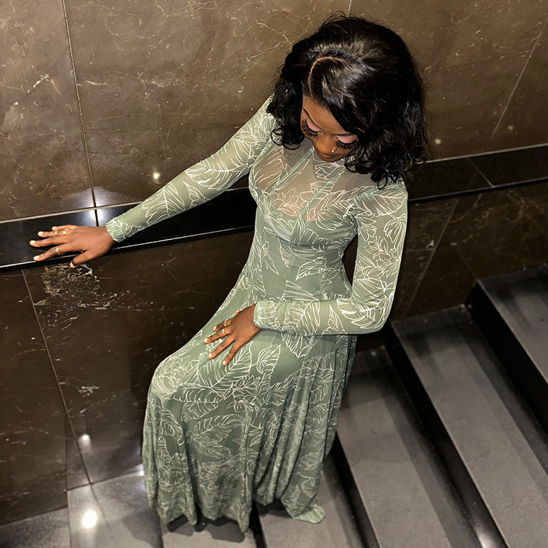 European and american style ins cross-border women's clothing retro waist printing light a-line skirt slightly see-through stand-up collar long sleeves comfortable dress