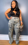 European and american style women's multi-pocket jeans -  cross-border fashionable and unique detachable button straight-leg pants