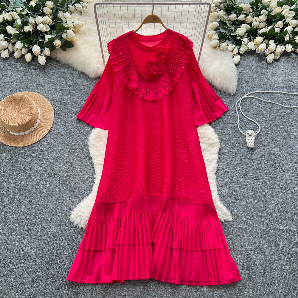 European and american niche style heavy beaded 3d floral flared sleeve dress - women's loose fit slimming a-line pleated maxi dress