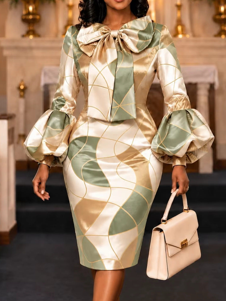 New satin printed bow collar puff sleeve dress - slim fit, waist-defining, slimming party evening gown