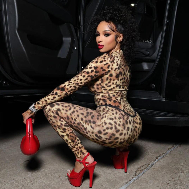 Europe, America 2025 new spring women's clothing sexy Spice Girls semi-turtleneck contrasting color leopard print sexy leggings two-piece set