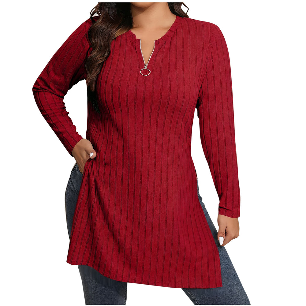 cross-border  women's casual solid color half-zip v-neck loose fit side slit long sleeve top
