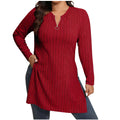 cross-border  women's casual solid color half-zip v-neck loose fit side slit long sleeve top