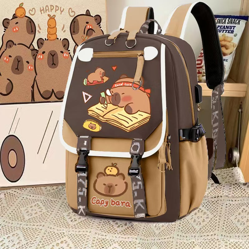 export cartoon capybara backpack - large capacity school bag for middle and elementary school girls - cute capybara backpack
