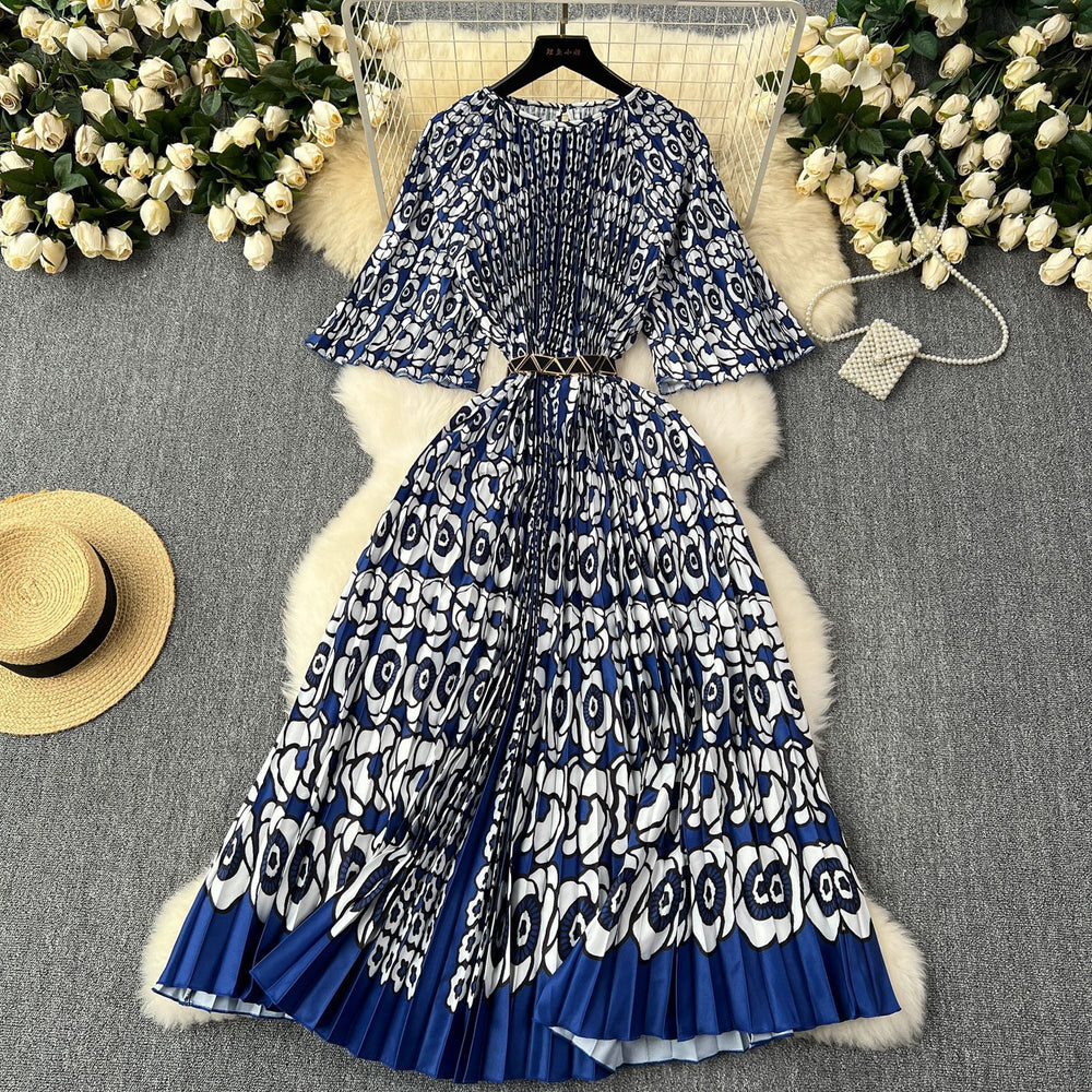 European and american retro court style design printed long dress with heavy pleating, puff sleeves, and pleated skirt - spring collection for women